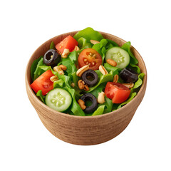 Fresh garden salad with tomatoes cucumbers olives and nuts in a wooden bowl view on transparent background