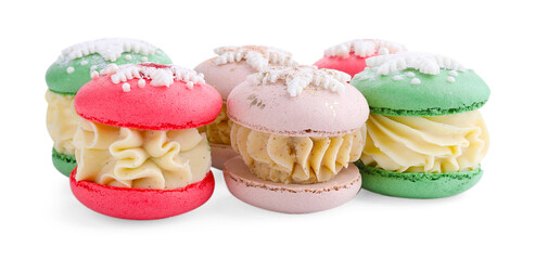 Festively decorated macarons isolated on white. Christmas treat
