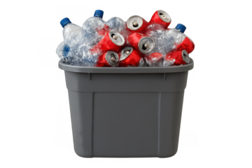 Recycling bin overflowing with plastic bottles and aluminum cans, promoting environmental sustainability and waste management practice
