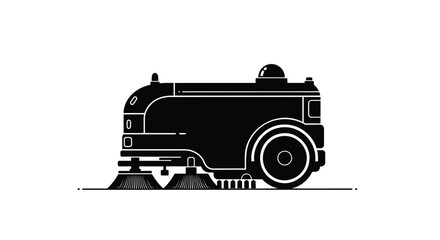 Stylized black silhouette of a modern industrial floor sweeper machine with rotating brushes