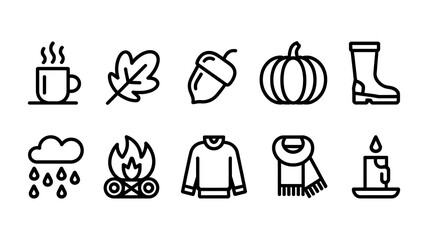 Autumn season flat line icons set for fall weather and cozy mood