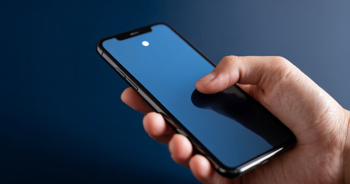 A person is holding a smartphone with their thumb on the screen, which has a blue background and white dot in the center of it