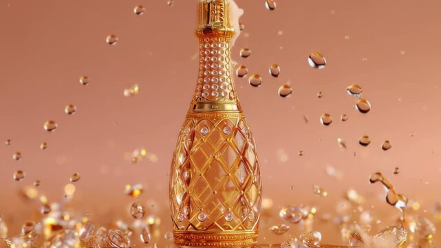 champagne bottle and glass in pastel tones popping with golden glitter, clean minimal 3D render 