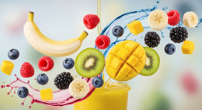 A refreshing and energetic explosion of mixed ripe fruits like mango, banana, and assorted berries splashing into a vibrant smoothie