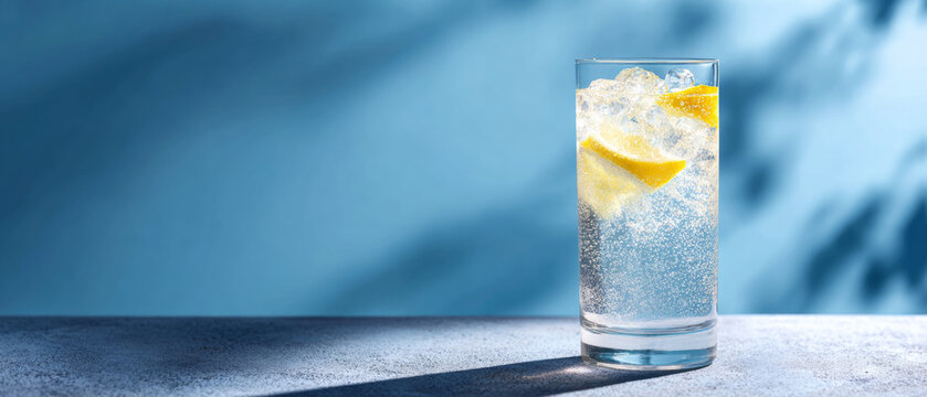 A glass of water with ice and lemon slices on a blue background - Powered by Adobe