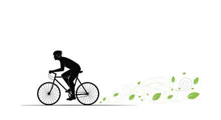 Naklejka premium Silhouette of a cyclist riding a bicycle with green leaves blowing in the wind behind them