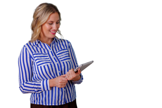 Businesswoman using digital tablet, smiling and connecting with modern technology for professional work, transparent background