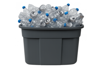 Full grey recycling bin holding crushed plastic bottles with blue caps and aluminum cans on a transparent background