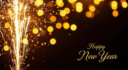 Sparkling happy new year decoration with golden bokeh lights on a black background, a beautiful traditional seasonal winter christmassy topview decor layout