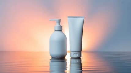 White cosmetic pump bottle and tube reflecting on clean surface