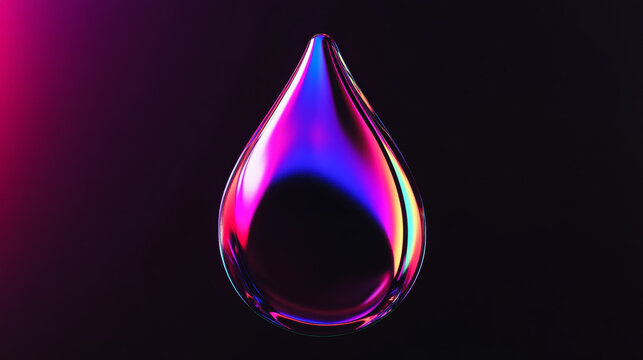 Macro shot of single colorful water drop with neon gradient reflection on dark background