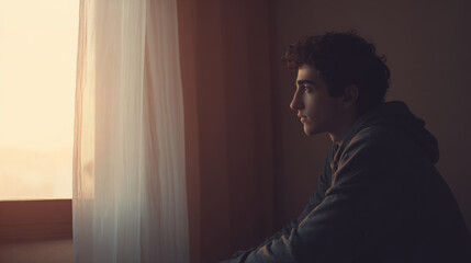 contemplative young man gazes out of window lost in thoughts about future as warm rays of setting sun illuminate