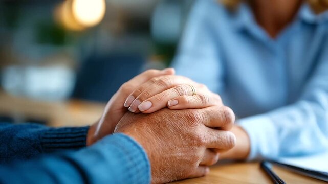 Chaplain's hands with employee's hands in counseling session corporate office faces obscured workplace mental health ministry career crisis support professional faith guidance