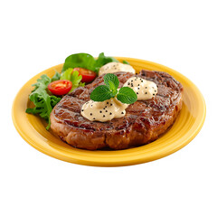 Best grilled steak recipe with creamy sauce and fresh salad on yellow plate dish on transparent background