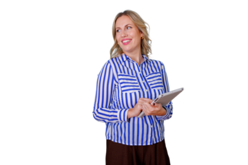 Confident businesswoman smiling and holding a digital tablet, looking away on a transparent background