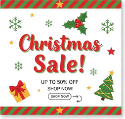 Christmas sale banner with christmas tree and gift isolated on white background