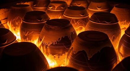 Traditional clay pottery vessels being fired in glowing orange kiln flames during ceramic firing process with decorative patterns visible on handmade earthenware