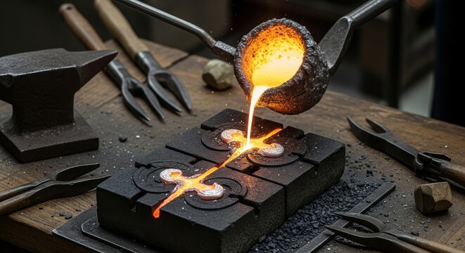 Professional blacksmith pouring molten glowing metal from crucible into ornate casting mold on wooden workbench with traditional forging tools