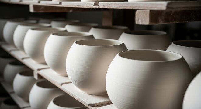 Unfired ceramic pottery bowls drying on wooden shelves in artisan workshop before kiln firing process - Powered by Adobe