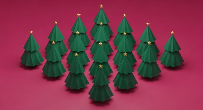 Geometric Christmas Evergreen trees sparkle on crimson plains.