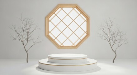 Minimal Zen Octagon Window with Podium  Trees in serene studio setting.