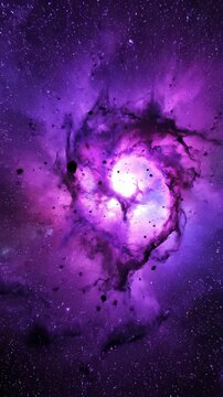Dramatic cosmic dark particles gathering and swirling rapidly into a massive purple nebula cloud in deep space discovery, stellar formation, digital explosion