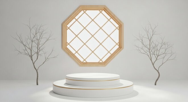 Minimal Zen Octagon Window with Podium  Trees in serene studio setting.