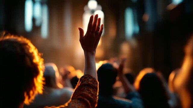 Congregation silhouettes with raised hands backlit by church windows faces completely obscured united worship mental health prayer support spiritual healing service dramatic