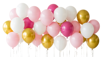 Assortment of Pink White and Gold Balloons with White Ribbons isolated on a transparent background party