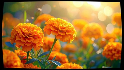 A field of bright orange marigolds bathed in warm sunlight, creating a beautiful bokeh effect.