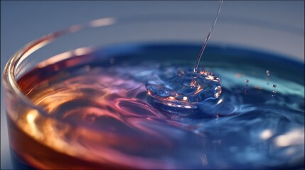 Droplet impacting colored liquid in a clear glass. The fluid exhibits vibrant swirling patterns and intricate splash formations
