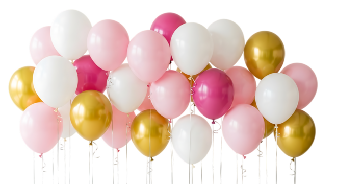 Assortment of Pink White and Gold Balloons with White Ribbons isolated on a transparent background party