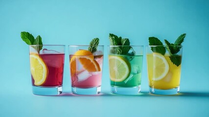 A row of glasses filled with various drinks, ideal for use in food and beverage marketing materials or as a decorative element in hospitality settings