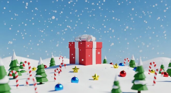 Snowy Gift Hill Christmas Trees with Candy Canes, and and Falling Snow.