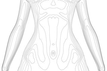 Female torso contour drawing in black and white, featuring an intricate pattern on the skin, isolated on a plain white background.
