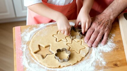 A child and grandparent baking cookies together in the kitchen. Close-up of hands using star-shaped cookie cutters on fresh dough. Family bonding and homemade traditions - Powered by Adobe