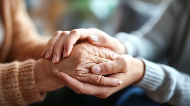 Elderly hands comforting younger hands in grief support generational care faces defocused bereavement mental health faith community loss support with copy space