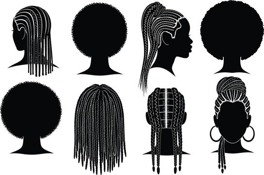 Black women hairstyles vector set afro braids dreadlocks ponytail bun eps silhouette