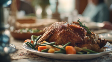 Close up of a roasted turkey with vegetables on a plate at a thanksgiving dinner table