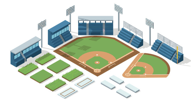 Isometric baseball stadium design with stands and field elements