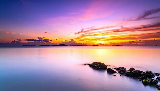 A breathtaking sunset paints the sky with vibrant hues of purple, pink, and orange, reflecting on the tranquil ocean surface near a rocky shoreline.