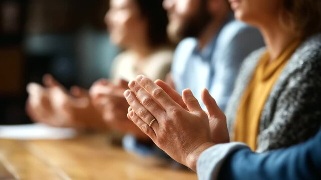 Graduate students' hands in advanced degree faith discussion academic setting faces defocused intellectual mental health support scholarly Christian fellowship with copy space