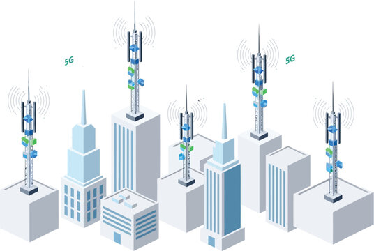 5g network towers on modern buildings, telecommunication concept