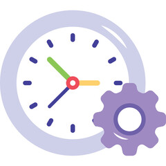 Clock face with purple gear icon representing time management and efficiency in a clean design with pastel colors