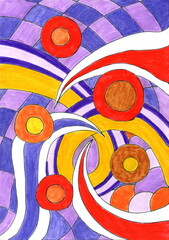 The illustration features a dynamic, psychedelic abstract image. The color palette is vibrant, contrasting, and saturated: purple, blue, bright yellow, orange, and red, with a touch of white.
