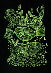 A highly detailed design, executed with fine neon green lines on a black background, creates a strong contrast and a glowing effect. The central element is a stylized, fantastical bird.