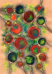 This expressive and abstract image consists of numerous circular objects of varying sizes, outlined in thick black. These circles are connected by thin lines, creating a network or chain. 