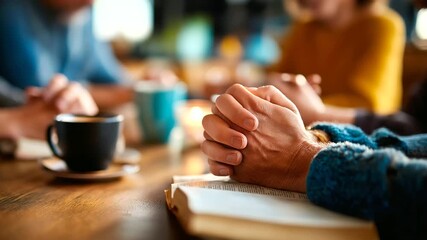 Hands clasped in prayer position around table with open books coffee cups visible support group meeting faces not shown faith community gathering mental health prayer support