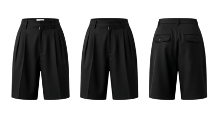 Black pleated wide-leg shorts with buttoned back pockets shown from front and back views isolated on a transparent background