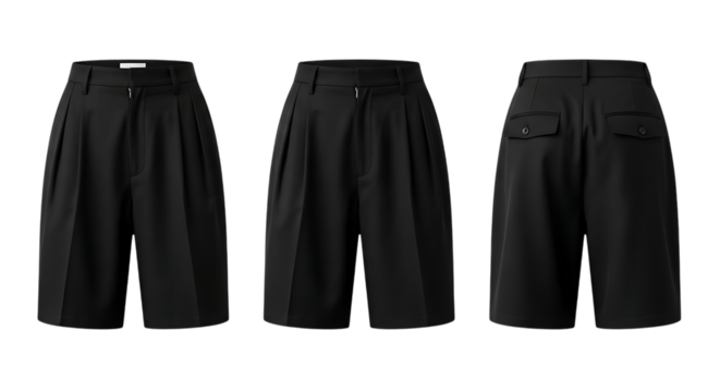 Black pleated wide-leg shorts with buttoned back pockets shown from front and back views isolated on a transparent background